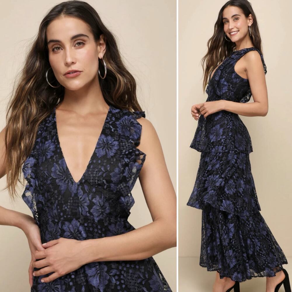 Lulu's Lace Tiered Midi Dress Molinetto Ruffles - Picture 2 of 8